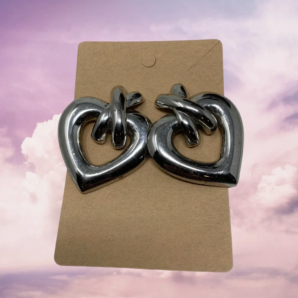 Vintage Y2K Oversized Heart & Cross Doorknocker Silver Earrings Pierced Carded
